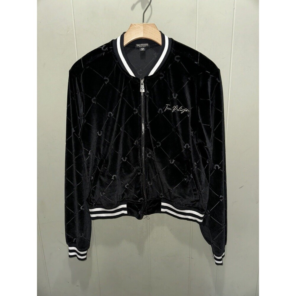 True Religion Black VELOUR BOMBER JACKET Women’s Size Y2K Style Full Zip